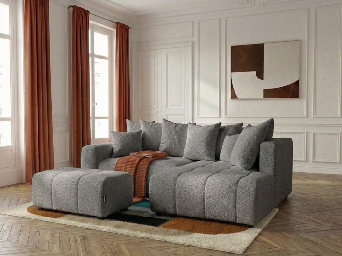 Canapé d'angle L convertible coffre ROXELANE tissu bouclette avec pouf