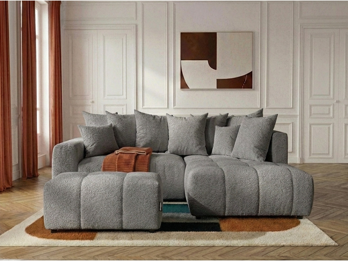Canapé d'angle L convertible coffre ROXELANE bouclette avec pouf gris foncé — vue 4
