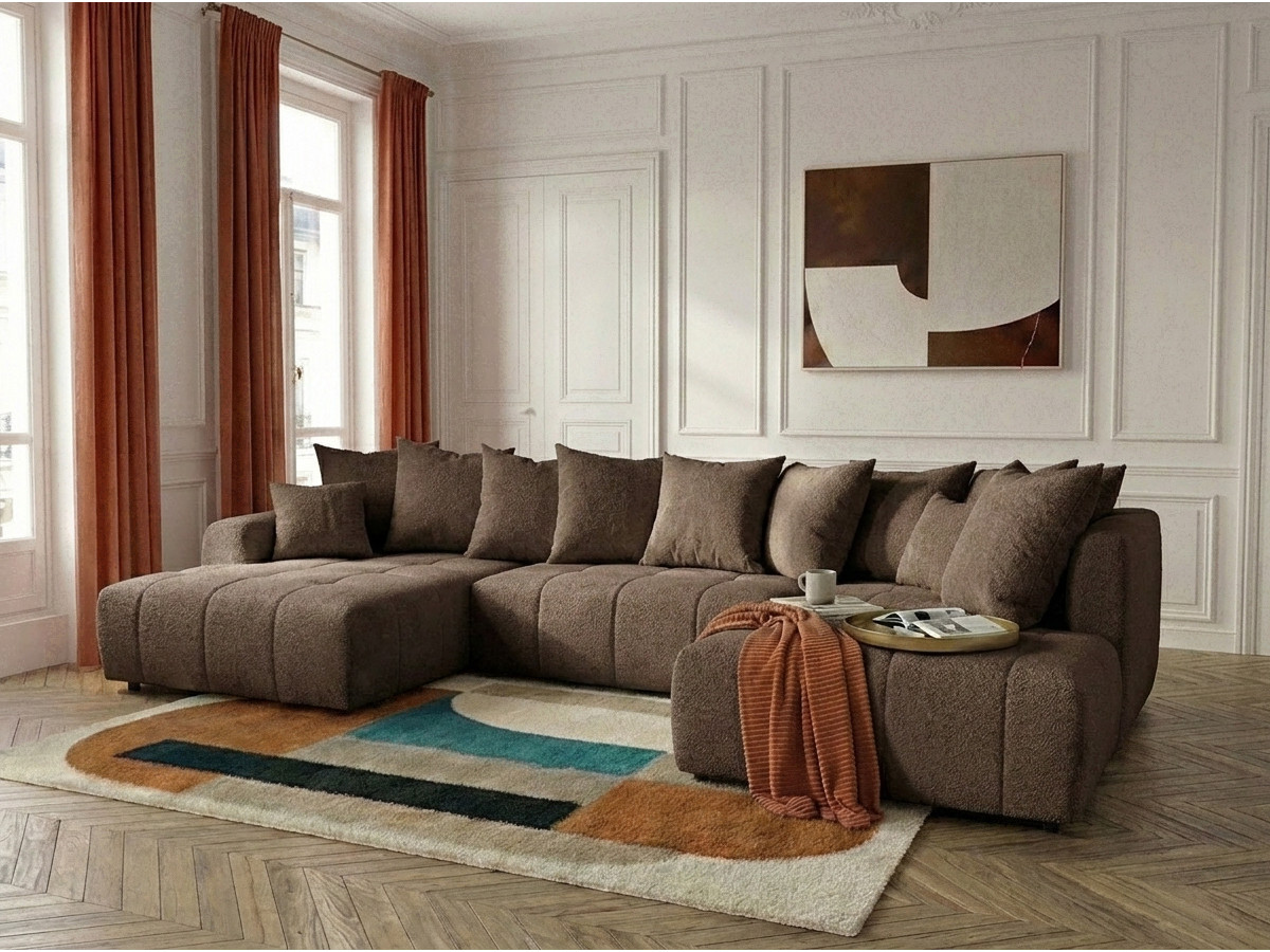 Canapé panoramique convertible ROXELANE tissu bouclette marron  angle gauche BOBOCHIC 6 places