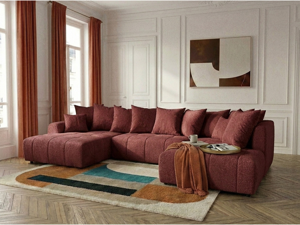 Canapé panoramique convertible ROXELANE tissu bouclette rouge  angle gauche BOBOCHIC 6 places