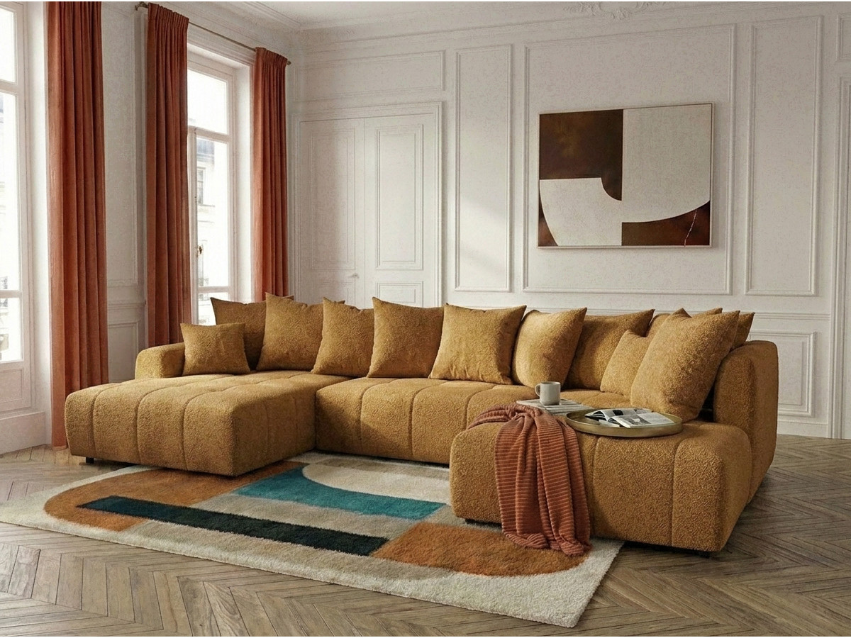 Canapé panoramique convertible ROXELANE tissu bouclette jaune  angle gauche BOBOCHIC 6 places