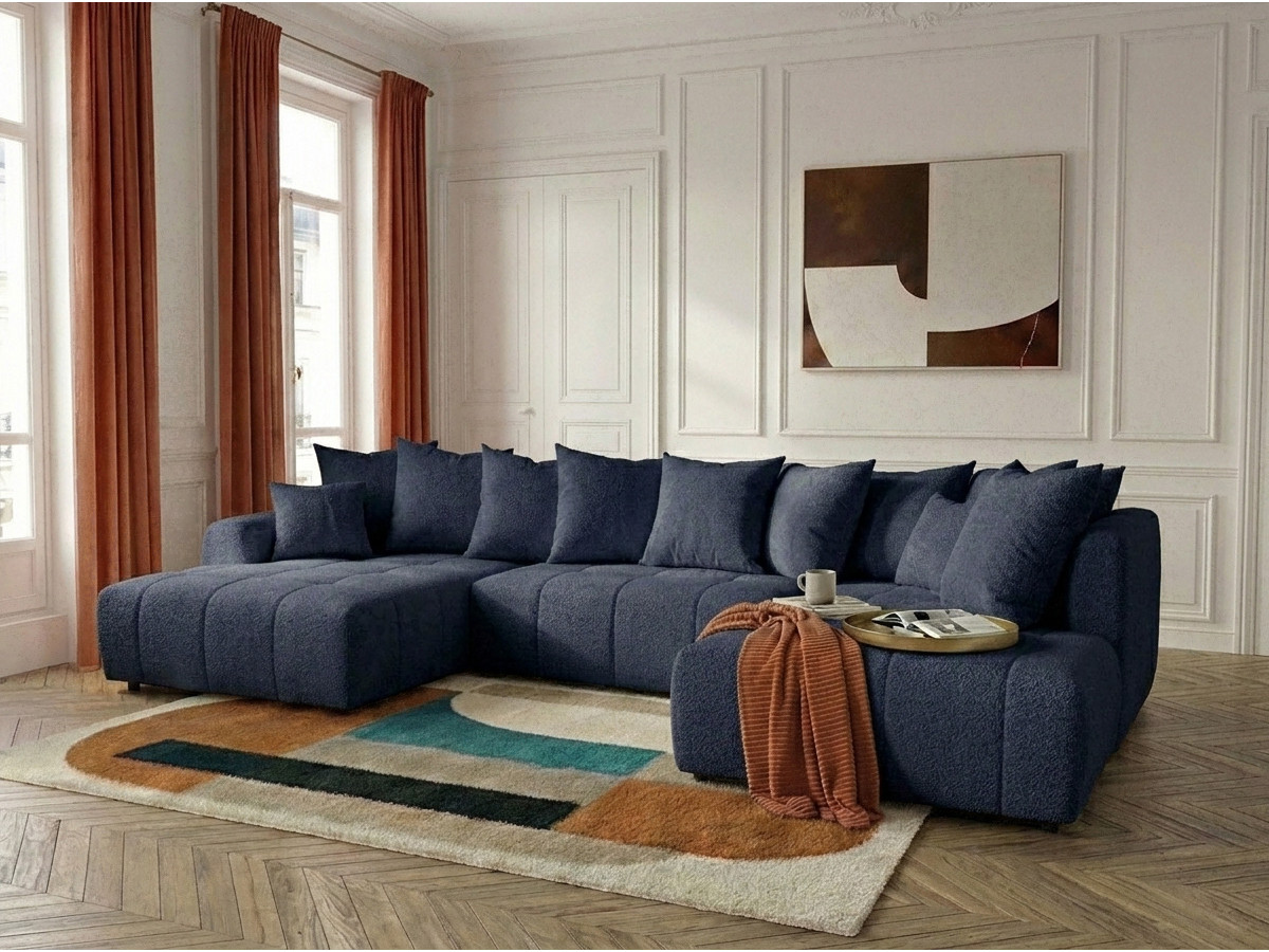 Canapé panoramique convertible ROXELANE tissu bouclette bleu foncé angle gauche BOBOCHIC 6 places