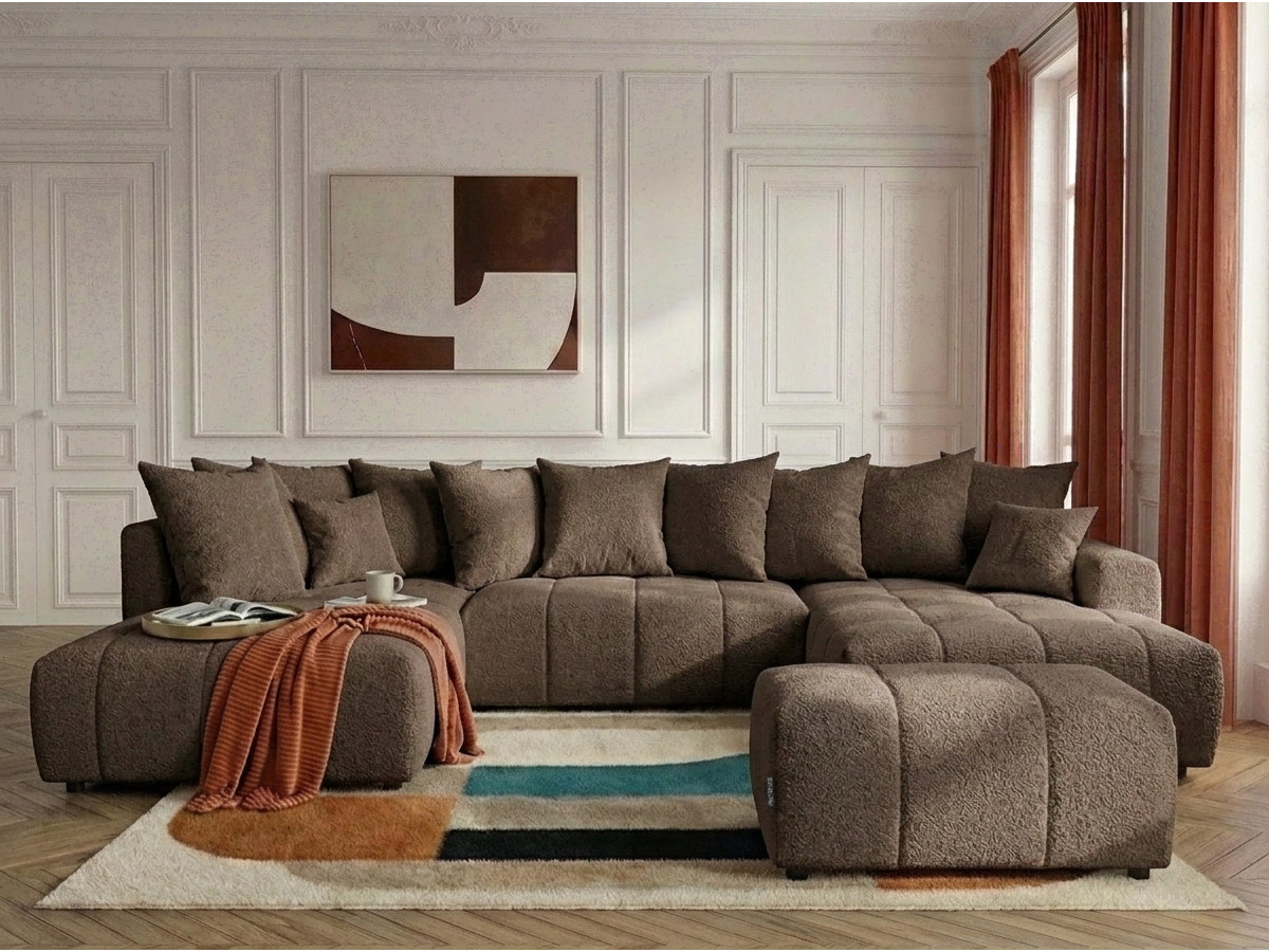 Canapé panoramique convertible ROXELANE bouclette avec pouf marron — vue 4
