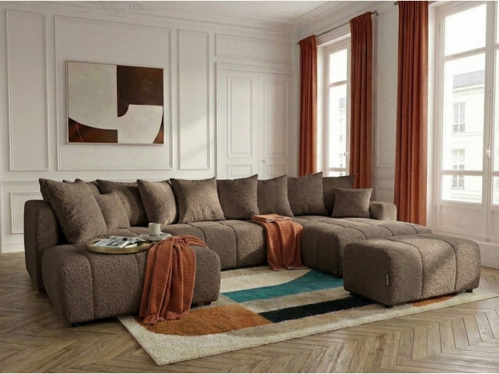 Canapé panoramique convertible ROXELANE tissu bouclette avec pouf