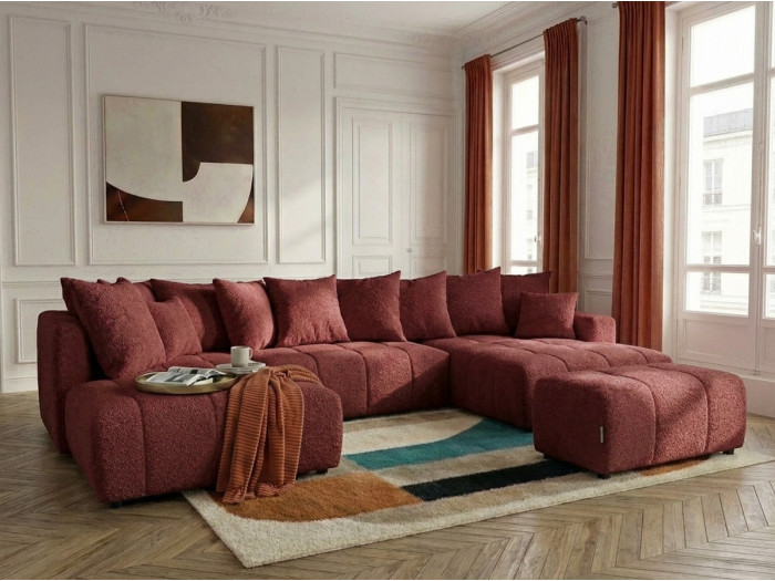 Canapé panoramique convertible ROXELANE tissu bouclette avec pouf