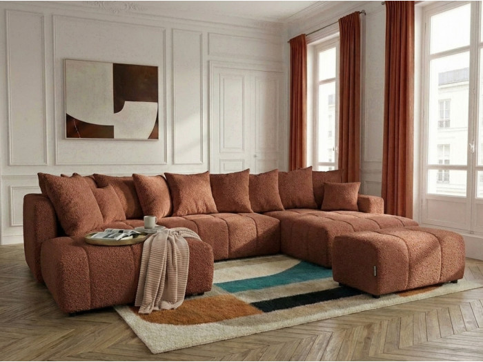 Canapé panoramique convertible ROXELANE tissu bouclette avec pouf