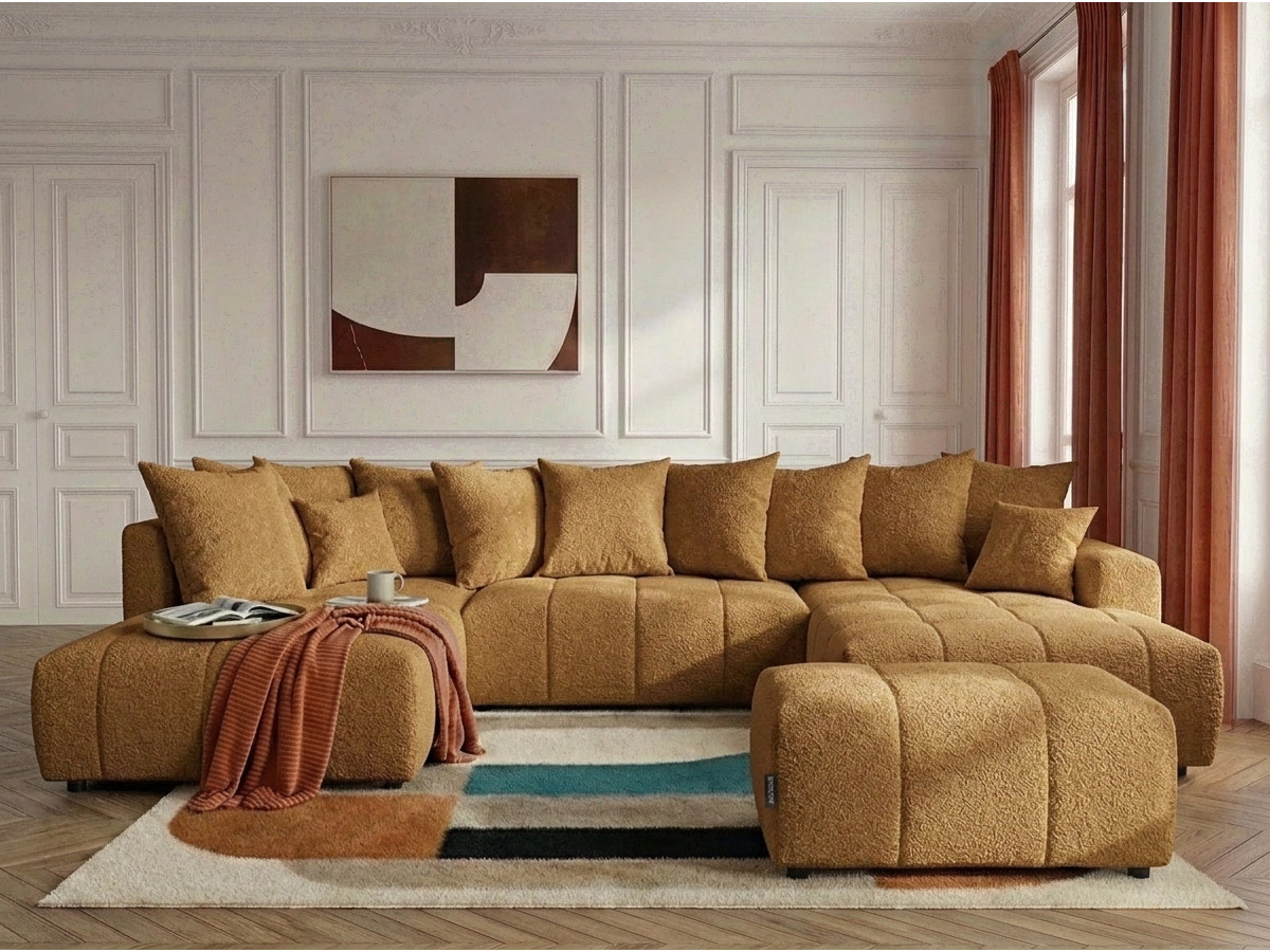 Canapé panoramique convertible ROXELANE bouclette avec pouf jaune — vue 4