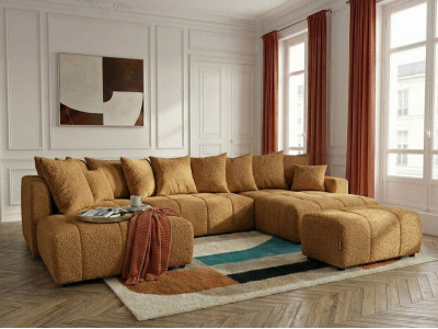 Canapé panoramique convertible ROXELANE tissu bouclette avec pouf