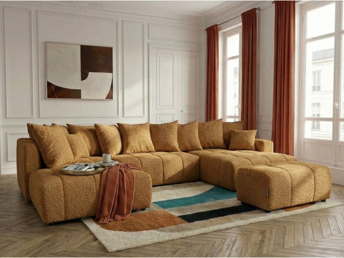 Canapé panoramique convertible ROXELANE tissu bouclette avec pouf