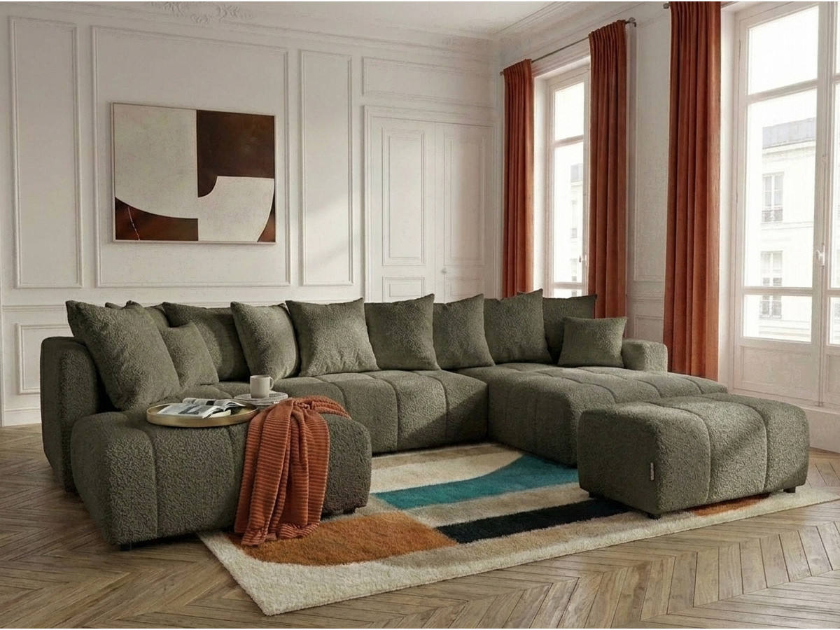 Canapé panoramique convertible ROXELANE tissu bouclette avec pouf