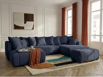 Canapé panoramique convertible ROXELANE tissu bouclette avec pouf