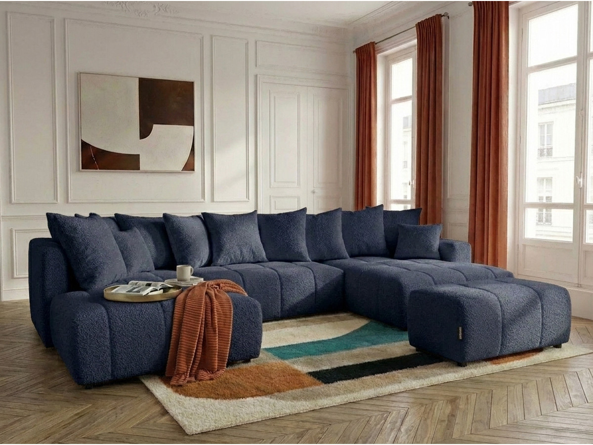 Canapé panoramique convertible ROXELANE tissu bouclette avec pouf