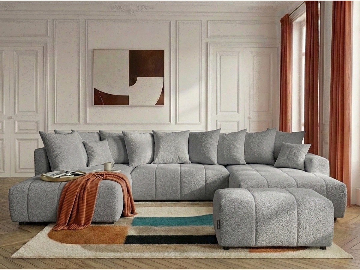 Canapé panoramique convertible ROXELANE bouclette avec pouf gris clair — vue 4