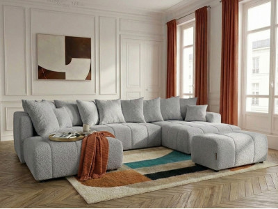 Canapé panoramique convertible ROXELANE tissu bouclette avec pouf