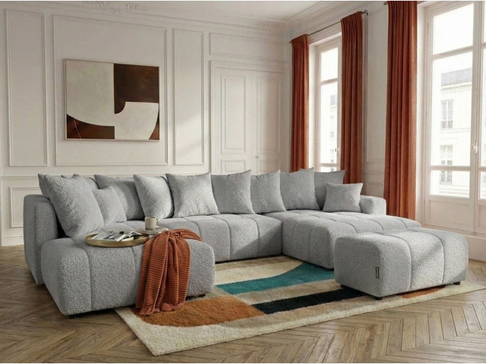 Canapé panoramique convertible ROXELANE tissu bouclette avec pouf