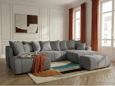 Canapé panoramique convertible ROXELANE tissu bouclette avec pouf