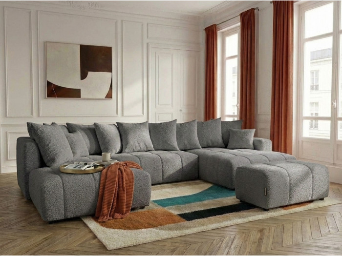 Canapé panoramique convertible ROXELANE tissu bouclette avec pouf
