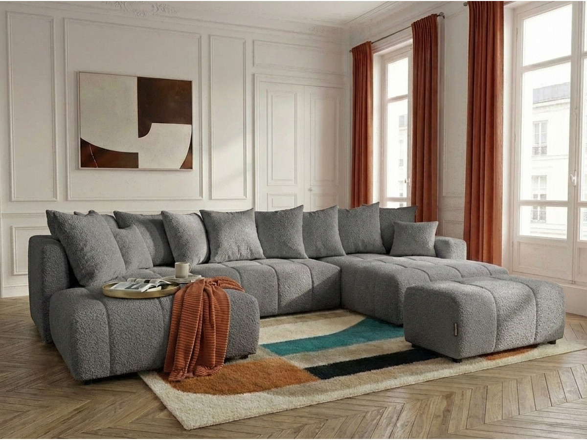 Canapé panoramique convertible ROXELANE bouclette avec pouf gris foncé