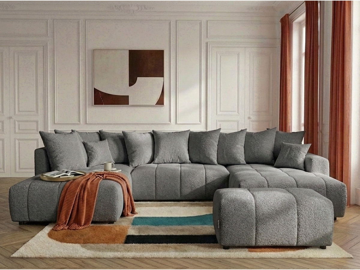 Canapé panoramique convertible ROXELANE bouclette avec pouf gris foncé — vue 4