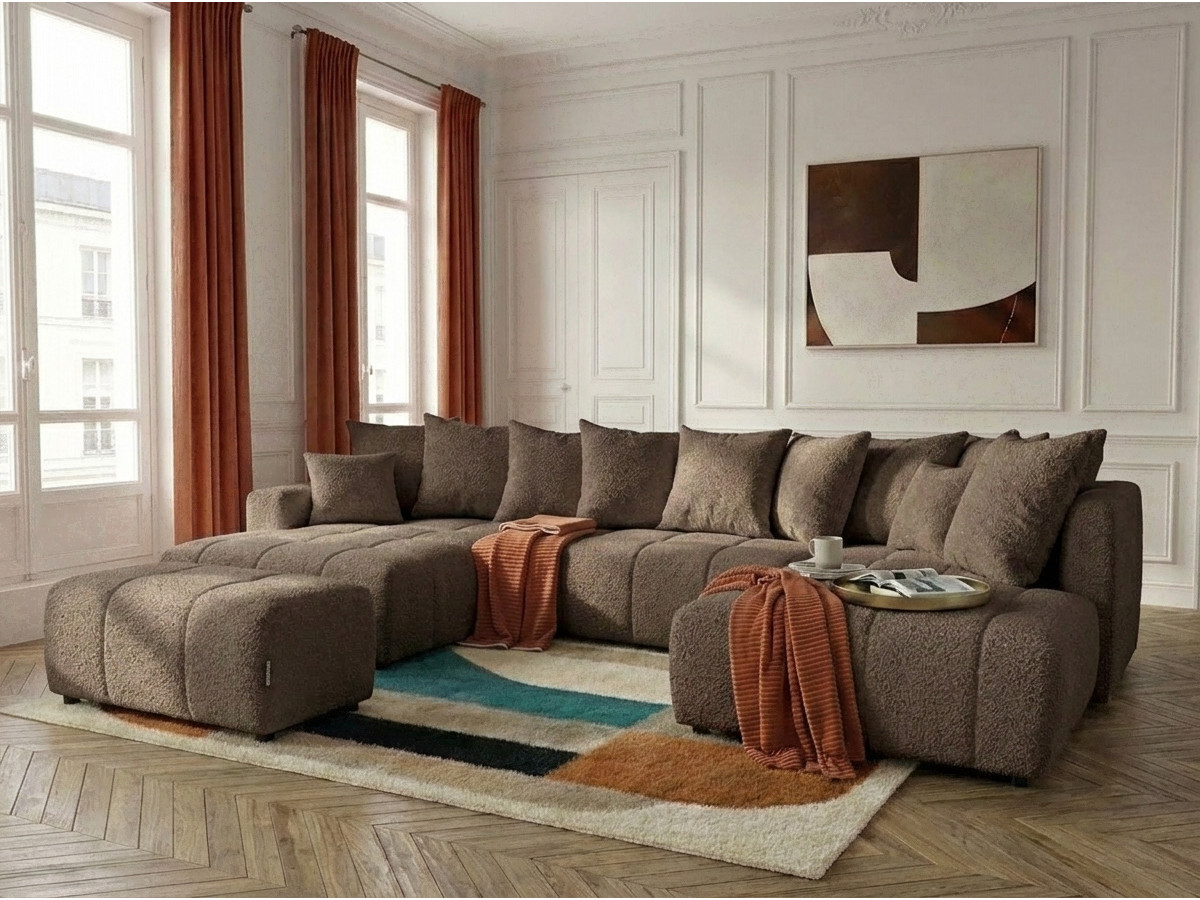 Canapé panoramique convertible ROXELANE tissu bouclette avec pouf marron  angle gauche BOBOCHIC 6 places