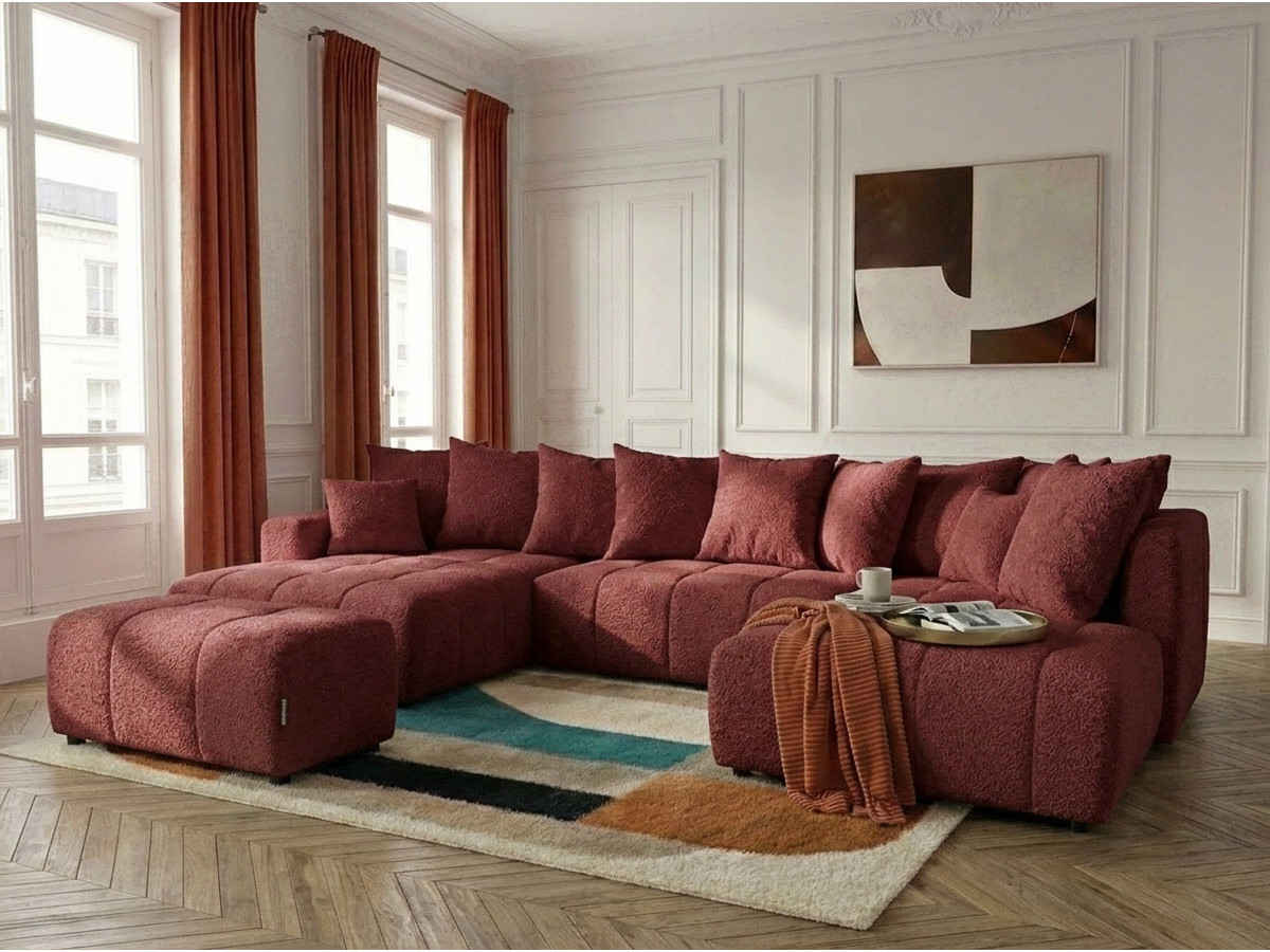 Canapé panoramique convertible ROXELANE tissu bouclette avec pouf rouge  angle gauche BOBOCHIC 6 places