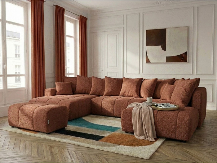 Canapé panoramique convertible ROXELANE tissu bouclette avec pouf