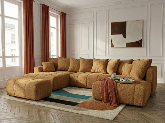 Canapé panoramique convertible ROXELANE tissu bouclette avec pouf