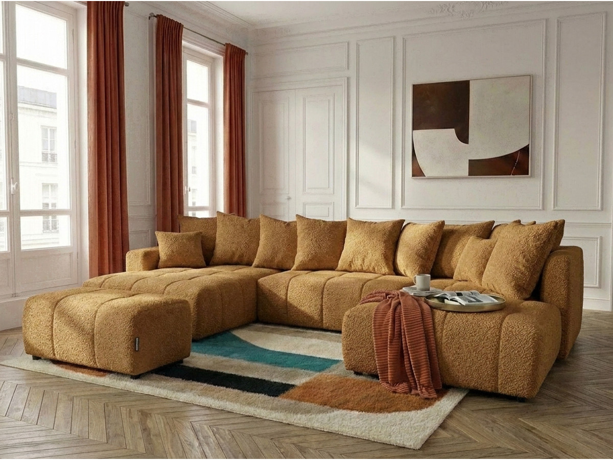 Canapé panoramique convertible ROXELANE tissu bouclette avec pouf jaune  angle gauche BOBOCHIC 6 places