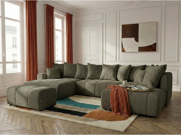 Canapé panoramique convertible ROXELANE tissu bouclette avec pouf