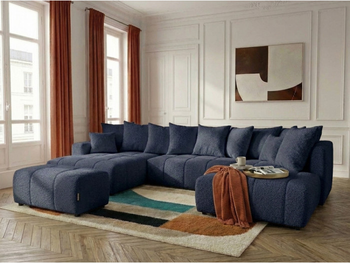 Canapé panoramique convertible ROXELANE tissu bouclette avec pouf
