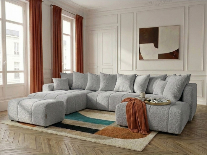 Canapé panoramique convertible ROXELANE tissu bouclette avec pouf