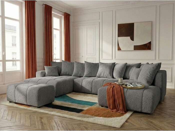 Canapé panoramique convertible ROXELANE tissu bouclette avec pouf