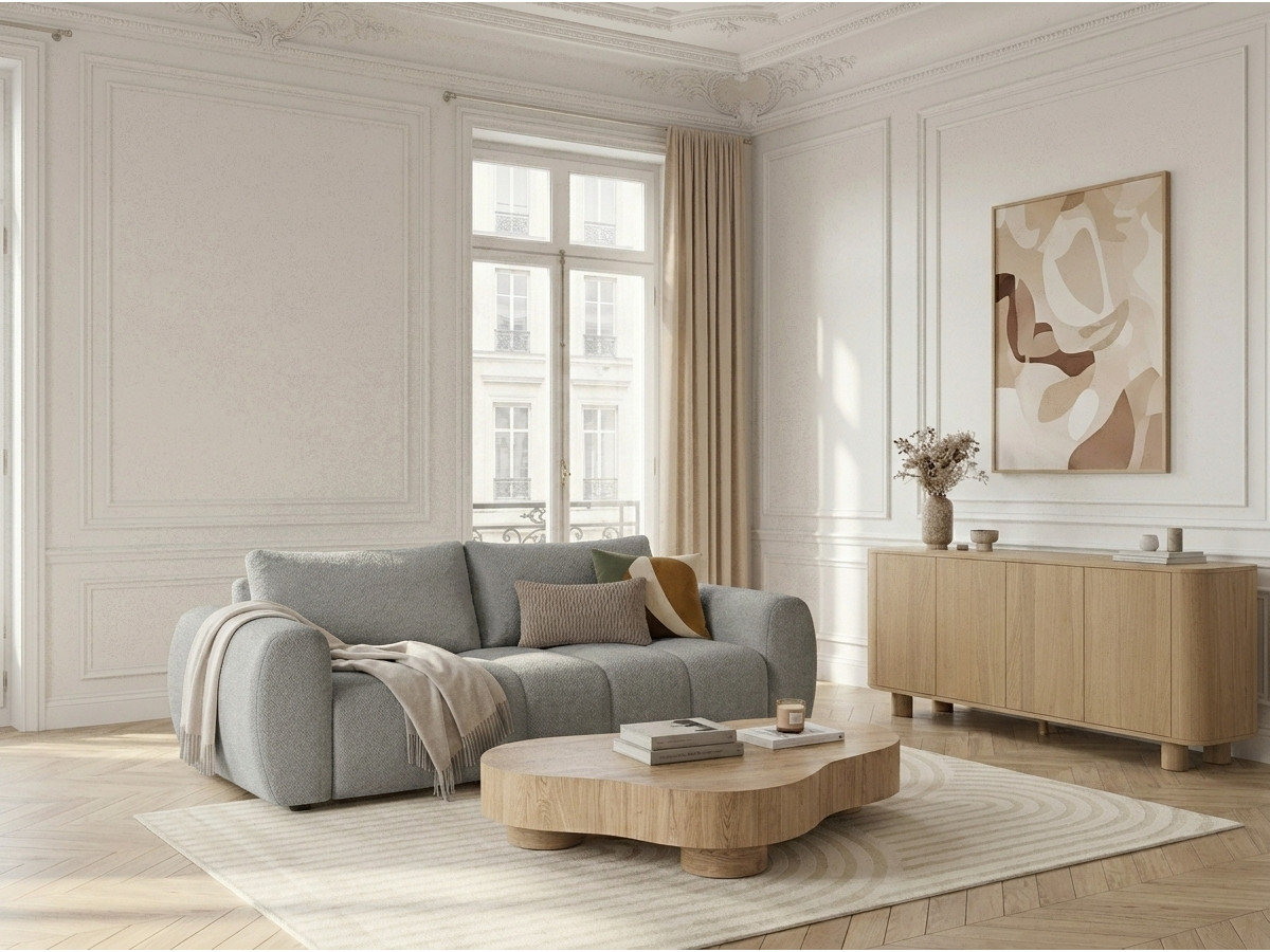 Canapé droit convertible ouverture express 3 places FUJI tissu chiné gris clair BOBOCHIC