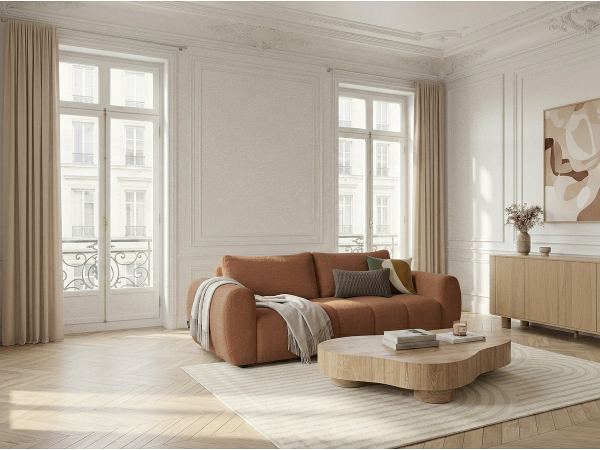 Canapé droit convertible ouverture express 3 places FUJI tissu chiné orange BOBOCHIC