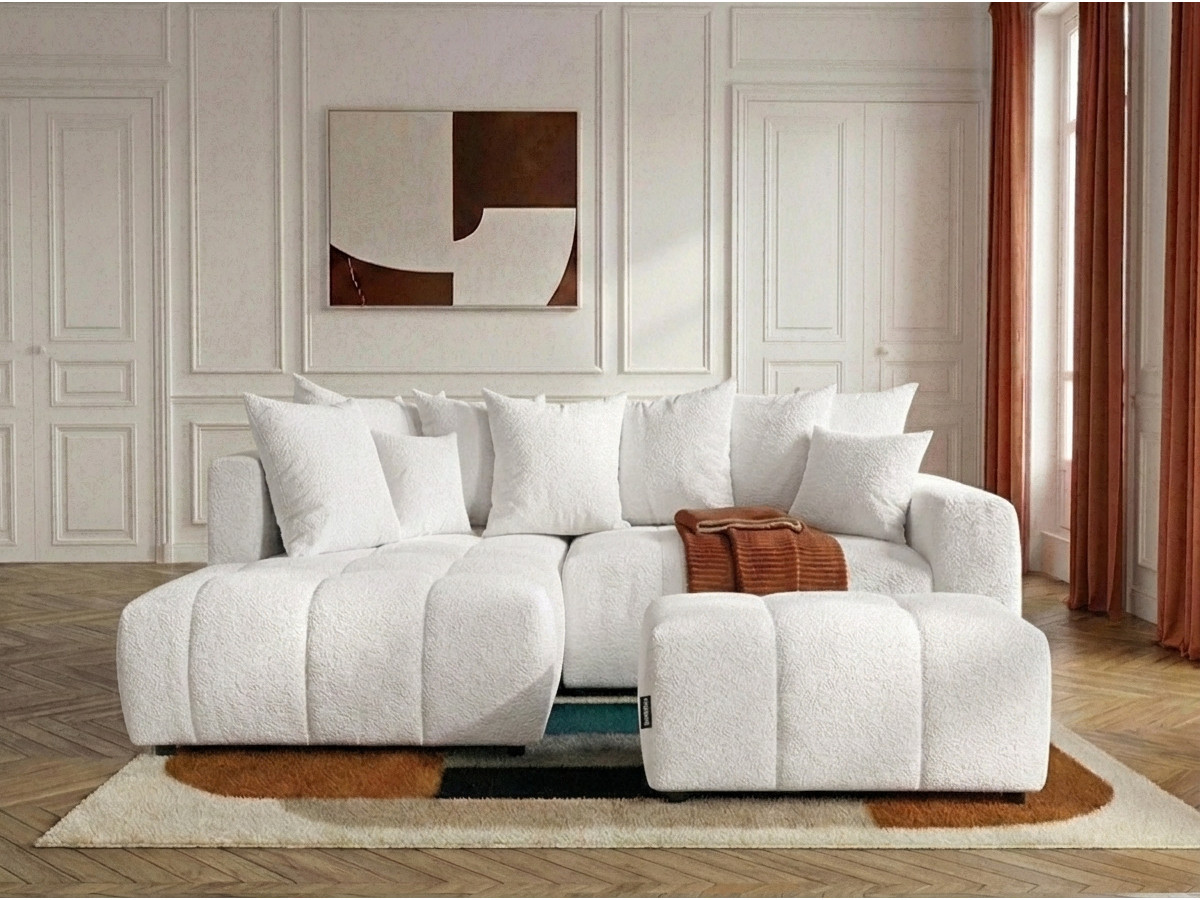 Canapé d'angle L convertible coffre ROXELANE bouclette avec pouf blanc — vue 4