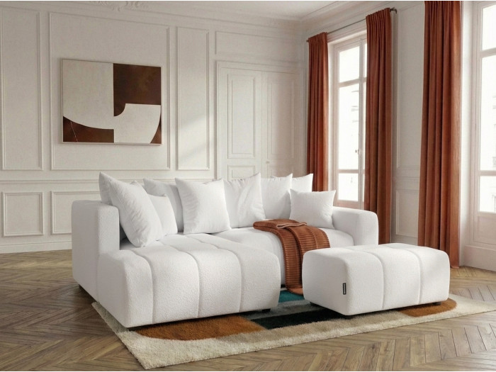 Canapé d'angle L convertible coffre ROXELANE tissu bouclette avec pouf