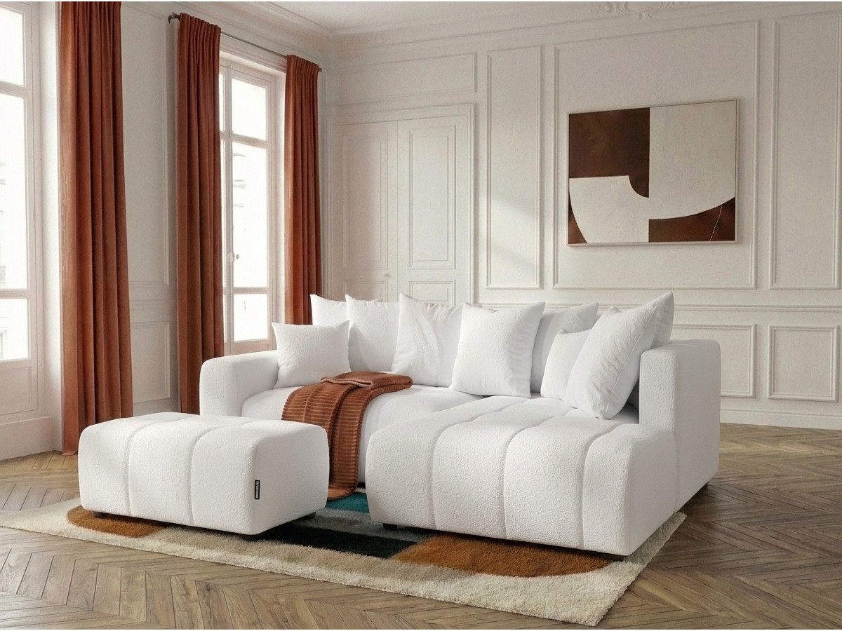 Canapé d'angle L convertible coffre ROXELANE tissu bouclette avec pouf
