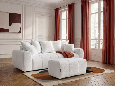 Canapé droit 3 places convertible ROXELANE tissu bouclette avec pouf