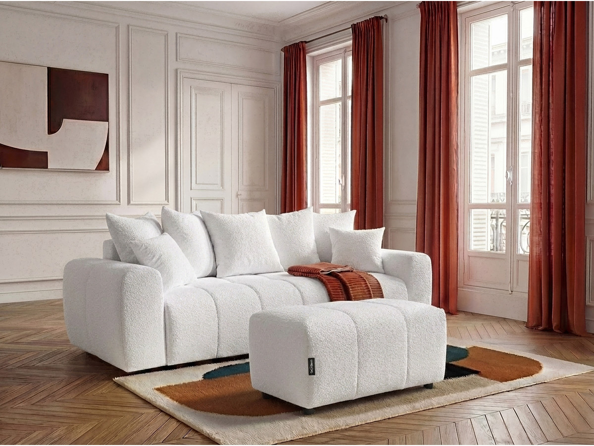 Canapé 3 places convertible ROXELANE tissu bouclette avec pouf