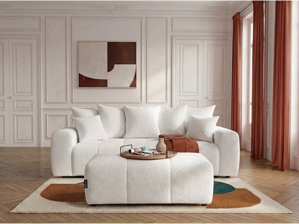 Canapé droit 3 places convertible ROXELANE bouclette avec pouf blanc — vue 4