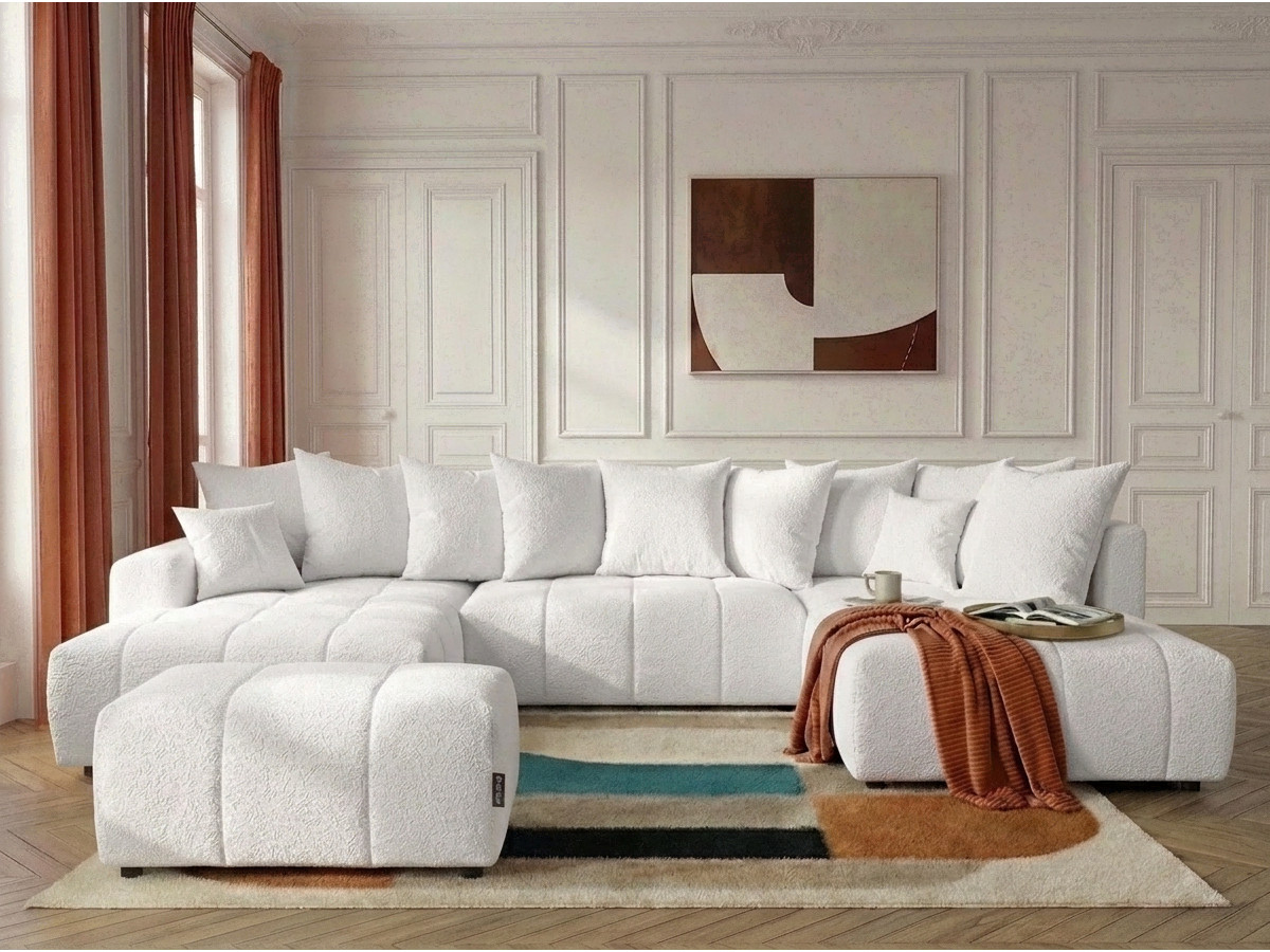 Canapé panoramique convertible ROXELANE tissu bouclette avec pouf