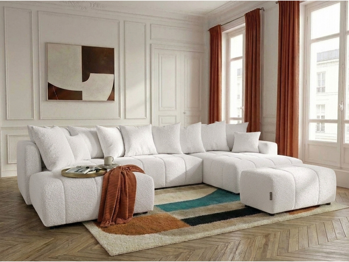Canapé panoramique convertible ROXELANE tissu bouclette avec pouf