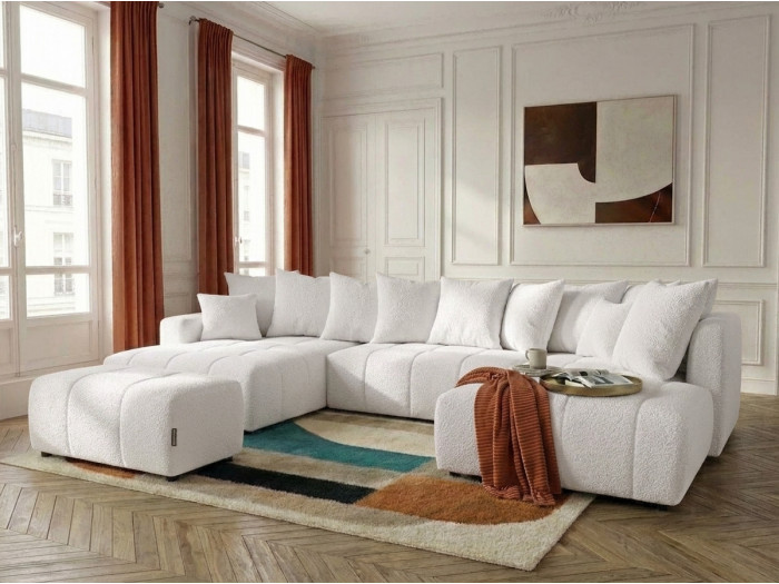 Canapé panoramique convertible ROXELANE tissu bouclette avec pouf