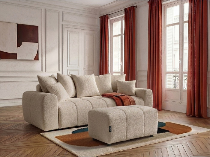 Canapé 3 places convertible ROXELANE tissu bouclette avec pouf