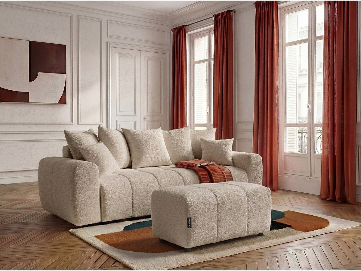 Canapé 3 places convertible ROXELANE tissu bouclette avec pouf
