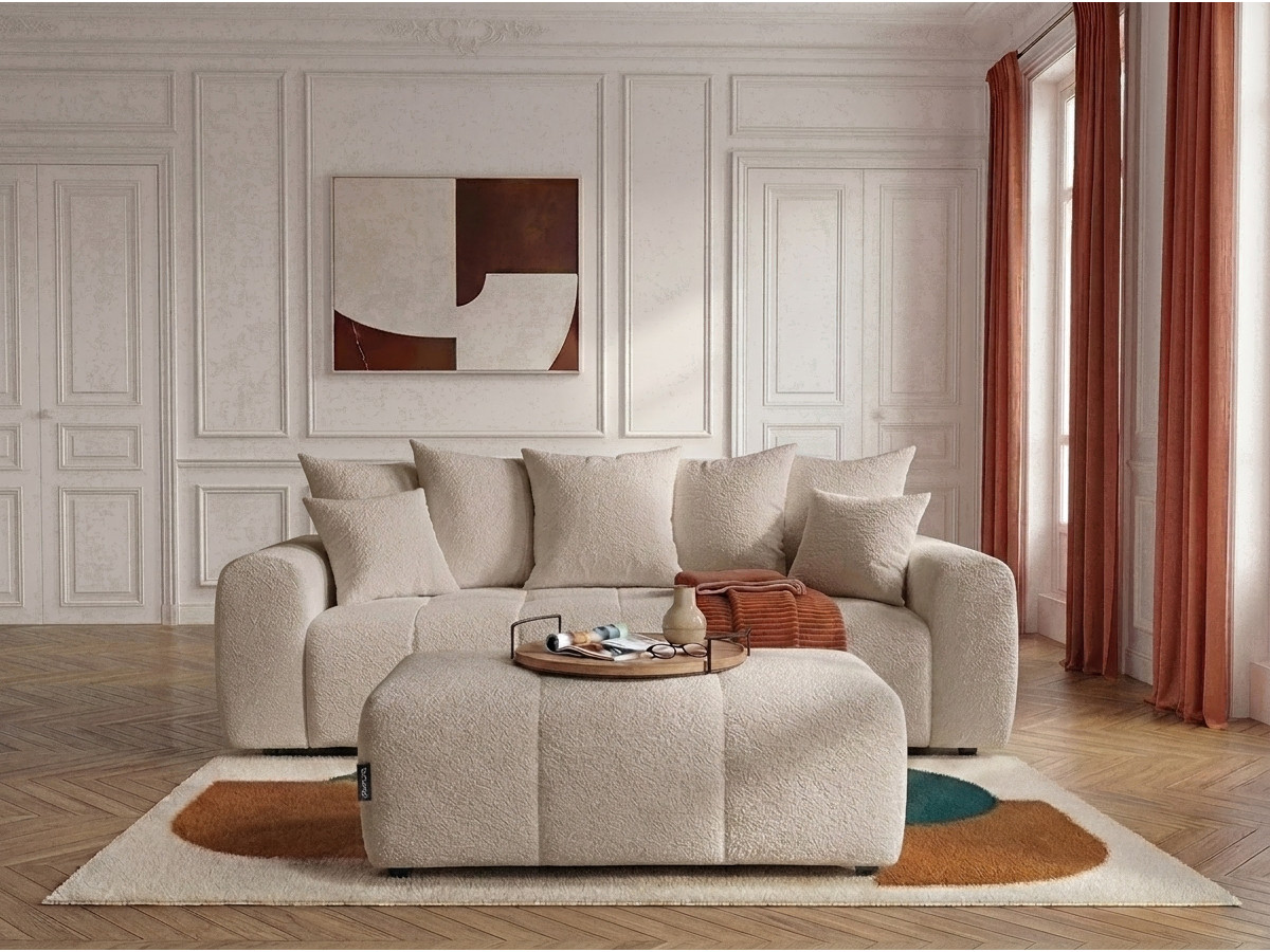 Canapé droit 3 places convertible ROXELANE bouclette avec pouf beige — vue 4
