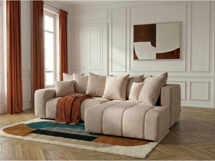 Canapé d'angle L convertible coffre ROXELANE tissu bouclette