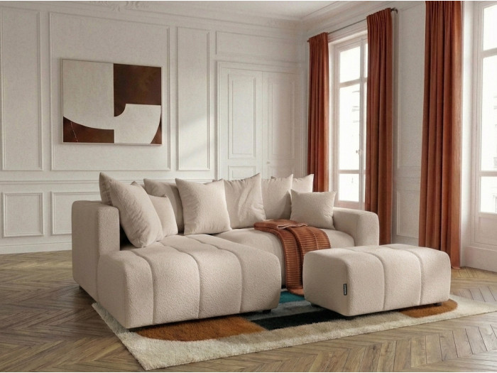 Canapé d'angle L convertible coffre ROXELANE tissu bouclette avec pouf