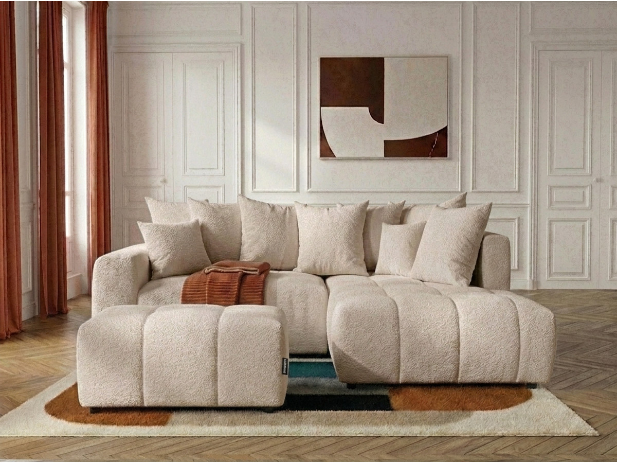 Canapé d'angle L convertible coffre ROXELANE bouclette avec pouf beige — vue 4