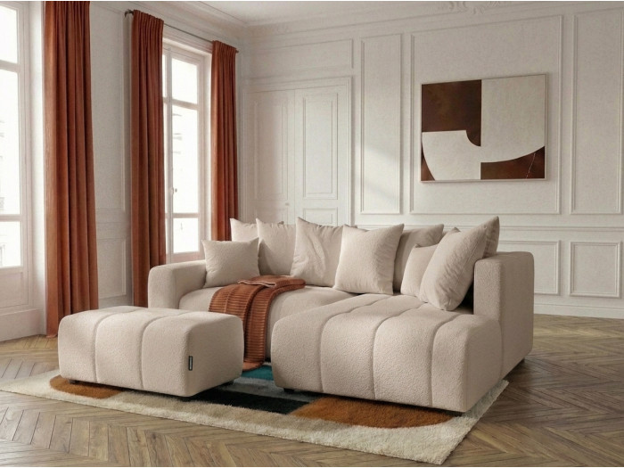 Canapé d'angle L convertible coffre ROXELANE tissu bouclette avec pouf